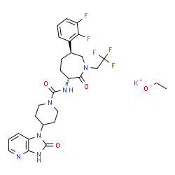 ChemSpider 2D Image | Potassium ethanolate - N-[(3R,6S)-6-(2,3-difluorophenyl)-2-oxo-1-(2,2,2-trifluoroethyl)-3-azepanyl]-4-(2-oxo-2,3-dihydro-1H-imidazo[4,5-b]pyridin-1-yl)-1-piperidinecarboxamide (1:1:1) | C28H32F5KN6O4