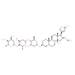 ChemSpider 2D Image | (3beta,5beta,16beta)-3-{[2,6-Dideoxy-D-ribo-hexopyranosyl-(1->4)-2,6-dideoxy-D-ribo-hexopyranosyl-(1->4)-2,6-dideoxy-D-ribo-hexopyranosyl]oxy}-16-(formyloxy)-14-hydroxycard-20(22)-enolide | C42H64O15