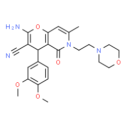 ChemSpider 2D Image | 2-Amino-4-(3,4-dimethoxyphenyl)-7-methyl-6-[2-(4-morpholinyl)ethyl]-5-oxo-5,6-dihydro-4H-pyrano[3,2-c]pyridine-3-carbonitrile | C24H28N4O5