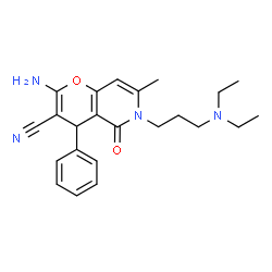 ChemSpider 2D Image | 2-Amino-6-[3-(diethylamino)propyl]-7-methyl-5-oxo-4-phenyl-5,6-dihydro-4H-pyrano[3,2-c]pyridine-3-carbonitrile | C23H28N4O2
