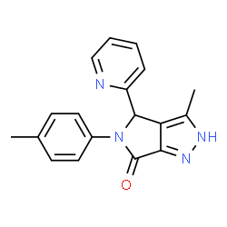 ChemSpider 2D Image | 3-Methyl-5-(4-methylphenyl)-4-(2-pyridinyl)-4,5-dihydropyrrolo[3,4-c]pyrazol-6(2H)-one | C18H16N4O