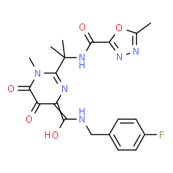 ChemSpider 2D Image | N-[2-(4-{[(4-Fluorobenzyl)amino](hydroxy)methylene}-1-methyl-5,6-dioxo-1,4,5,6-tetrahydro-2-pyrimidinyl)-2-propanyl]-5-methyl-1,3,4-oxadiazole-2-carboxamide | C20H21FN6O5