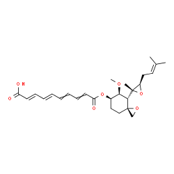 ChemSpider 2D Image | (2E,4E)-10-({(3R,4S,5S,6R)-5-Methoxy-4-[(2R,3R)-2-methyl-3-(3-methyl-2-buten-1-yl)-2-oxiranyl]-1-oxaspiro[2.5]oct-6-yl}oxy)-10-oxo-2,4,6,8-decatetraenoic acid | C26H34O7