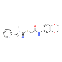 ChemSpider 2D Image | N-(2,3-Dihydro-1,4-benzodioxin-6-yl)-2-{[4-methyl-5-(2-pyridinyl)-4H-1,2,4-triazol-3-yl]sulfanyl}acetamide | C18H17N5O3S