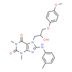 ChemSpider 2D Image | 7-[2-Hydroxy-3-(4-methoxyphenoxy)propyl]-1,3-dimethyl-8-[(3-methylphenyl)amino]-3,7-dihydro-1H-purine-2,6-dione | C24H27N5O5