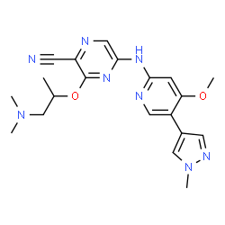 ChemSpider 2D Image | 3-{[1-(Dimethylamino)-2-propanyl]oxy}-5-{[4-methoxy-5-(1-methyl-1H-pyrazol-4-yl)-2-pyridinyl]amino}-2-pyrazinecarbonitrile | C20H24N8O2