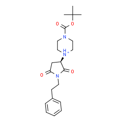 ChemSpider 2D Image | 1-[(3R)-2,5-Dioxo-1-(2-phenylethyl)-3-pyrrolidinyl]-4-{[(2-methyl-2-propanyl)oxy]carbonyl}piperazin-1-ium | C21H30N3O4