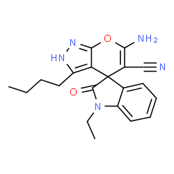 ChemSpider 2D Image | 6'-Amino-3'-butyl-1-ethyl-2-oxo-1,2-dihydro-2'H-spiro[indole-3,4'-pyrano[2,3-c]pyrazole]-5'-carbonitrile | C20H21N5O2