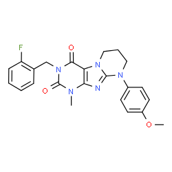 ChemSpider 2D Image | 3-(2-Fluorobenzyl)-9-(4-methoxyphenyl)-1-methyl-6,7,8,9-tetrahydropyrimido[2,1-f]purine-2,4(1H,3H)-dione | C23H22FN5O3