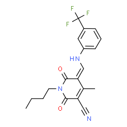 ChemSpider 2D Image | (5Z)-1-Butyl-4-methyl-2,6-dioxo-5-({[3-(trifluoromethyl)phenyl]amino}methylene)-1,2,5,6-tetrahydro-3-pyridinecarbonitrile | C19H18F3N3O2