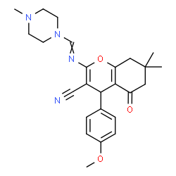 ChemSpider 2D Image | 4-(4-Methoxyphenyl)-7,7-dimethyl-2-{[(4-methyl-1-piperazinyl)methylene]amino}-5-oxo-5,6,7,8-tetrahydro-4H-chromene-3-carbonitrile | C25H30N4O3