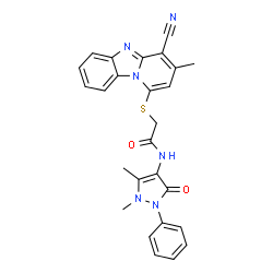 ChemSpider 2D Image | 2-[(4-Cyano-3-methylpyrido[1,2-a]benzimidazol-1-yl)sulfanyl]-N-(1,5-dimethyl-3-oxo-2-phenyl-2,3-dihydro-1H-pyrazol-4-yl)acetamide | C26H22N6O2S