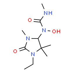 ChemSpider 2D Image | 1-(1-Ethyl-3,5,5-trimethyl-2-oxo-4-imidazolidinyl)-1-hydroxy-3-methylurea | C10H20N4O3