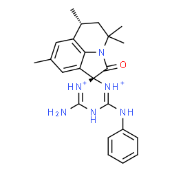ChemSpider 2D Image | (1R,6R)-4'-Amino-6'-anilino-4,4,6,8-tetramethyl-2-oxo-5,6-dihydro-4H,5'H-spiro[pyrrolo[3,2,1-ij]quinoline-1,2'-[1,3,5]triazine[1,3]diium] | C23H28N6O