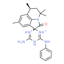 ChemSpider 2D Image | (1S,6S)-4'-Amino-6'-anilino-4,4,6,8-tetramethyl-2-oxo-5,6-dihydro-4H,5'H-spiro[pyrrolo[3,2,1-ij]quinoline-1,2'-[1,3,5]triazine[1,3]diium] | C23H28N6O