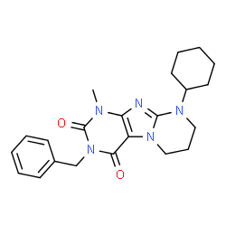 ChemSpider 2D Image | 3-Benzyl-9-cyclohexyl-1-methyl-6,7,8,9-tetrahydropyrimido[2,1-f]purine-2,4(1H,3H)-dione | C22H27N5O2