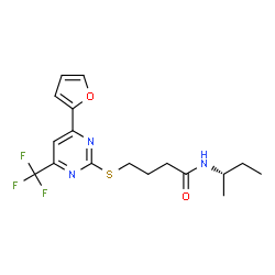 ChemSpider 2D Image | N-[(2S)-2-Butanyl]-4-{[4-(2-furyl)-6-(trifluoromethyl)-2-pyrimidinyl]sulfanyl}butanamide | C17H20F3N3O2S