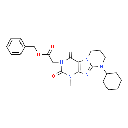 ChemSpider 2D Image | Benzyl (9-cyclohexyl-1-methyl-2,4-dioxo-1,4,6,7,8,9-hexahydropyrimido[2,1-f]purin-3(2H)-yl)acetate | C24H29N5O4