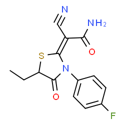 ChemSpider 2D Image | (2E)-2-Cyano-2-[5-ethyl-3-(4-fluorophenyl)-4-oxo-1,3-thiazolidin-2-ylidene]acetamide | C14H12FN3O2S