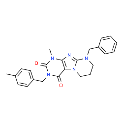 ChemSpider 2D Image | 9-Benzyl-1-methyl-3-(4-methylbenzyl)-6,7,8,9-tetrahydropyrimido[2,1-f]purine-2,4(1H,3H)-dione | C24H25N5O2