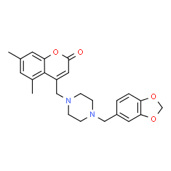 ChemSpider 2D Image | 4-{[4-(1,3-Benzodioxol-5-ylmethyl)-1-piperazinyl]methyl}-5,7-dimethyl-2H-chromen-2-one | C24H26N2O4