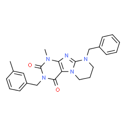 ChemSpider 2D Image | 9-Benzyl-1-methyl-3-(3-methylbenzyl)-6,7,8,9-tetrahydropyrimido[2,1-f]purine-2,4(1H,3H)-dione | C24H25N5O2