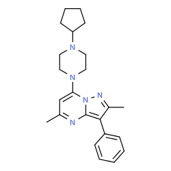 ChemSpider 2D Image | 7-(4-Cyclopentyl-1-piperazinyl)-2,5-dimethyl-3-phenylpyrazolo[1,5-a]pyrimidine | C23H29N5