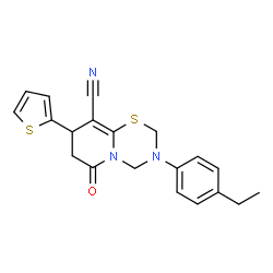 ChemSpider 2D Image | 3-(4-Ethylphenyl)-6-oxo-8-(2-thienyl)-3,4,7,8-tetrahydro-2H,6H-pyrido[2,1-b][1,3,5]thiadiazine-9-carbonitrile | C20H19N3OS2