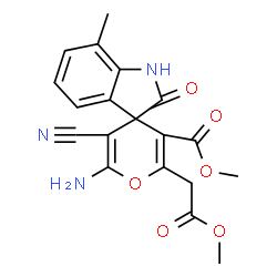 ChemSpider 2D Image | Methyl 6'-amino-5'-cyano-2'-(2-methoxy-2-oxoethyl)-7-methyl-2-oxo-1,2-dihydrospiro[indole-3,4'-pyran]-3'-carboxylate | C19H17N3O6