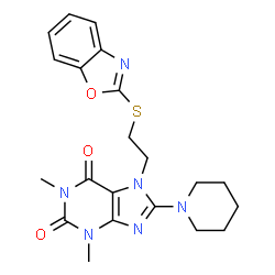 ChemSpider 2D Image | 7-[2-(1,3-Benzoxazol-2-ylsulfanyl)ethyl]-1,3-dimethyl-8-(1-piperidinyl)-3,7-dihydro-1H-purine-2,6-dione | C21H24N6O3S
