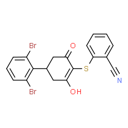 ChemSpider 2D Image | 2-{[4-(2,6-Dibromophenyl)-2-hydroxy-6-oxo-1-cyclohexen-1-yl]sulfanyl}benzonitrile | C19H13Br2NO2S