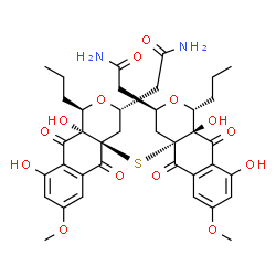 ChemSpider 2D Image | 2,2'-{Sulfanediylbis[(1R,3R,4aR,10aS)-9,10a-dihydroxy-7-methoxy-5,10-dioxo-1-propyl-1,3,4,5,10,10a-hexahydro-4aH-benzo[g]isochromene-4a,3-diyl]}diacetamide | C38H44N2O14S