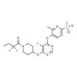 ChemSpider 2D Image | 2,2-Difluoro-1-{4-[(5-fluoro-6-{[2-methyl-6-(methylsulfonyl)-3-pyridinyl]oxy}-4-pyrimidinyl)oxy]-1-piperidinyl}-1-butanone | C20H23F3N4O5S