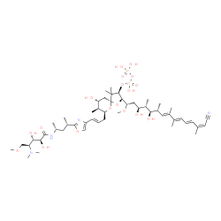 ChemSpider 2D Image | (2R,3R,5R,7S,8S,9R)-2-[(1S,3S,4S,5R,6R,7E,9E,11E,13Z)-14-Cyano-3,5-dihydroxy-1-methoxy-4,6,8,9,13-pentamethyl-7,9,11,13-tetradecatetraen-1-yl]-7-[(2E)-3-{2-[(2S,4R)-4-{[(2S,3S,4S)-4-(dimethylamino)-2,
3-dihydroxy-5-methoxypentanoyl]amino}-2-pentanyl]-1,3-oxazol-4-yl}-2-propen-1-yl]-9-hydroxy-4,4,8-trimethyl-1,6-dioxaspiro[4.5]dec-3-yl trihydrogen diphosphate (non-preferred name) | C51H84N4O18P2