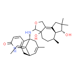 ChemSpider 2D Image | (1R,9R,13E)-1-{[(6S,6aS,7R)-3a,7-Dihydroxy-6,8,8-trimethyl-1,3,3a,4,5,6,6a,7,8,9-decahydroazuleno[4,5-c]furan-3-yl]amino}-13-ethylidene-11-methyl-6-azatricyclo[7.3.1.0~2,7~]trideca-2(7),3,10-trien-5-o
ne | C30H40N2O4