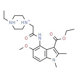 ChemSpider 2D Image | 1-(2-{[3-(Ethoxycarbonyl)-5-methoxy-1,2-dimethyl-1H-indol-4-yl]amino}-2-oxoethyl)-4-ethylpiperazinediium | C22H34N4O4