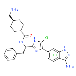 ChemSpider 2D Image | trans-N-{(1S)-1-[4-(3-Amino-1H-indazol-6-yl)-5-chloro-1H-imidazol-2-yl]-2-phenylethyl}-4-(aminomethyl)cyclohexanecarboxamide hydrochloride (1:1) | C26H31Cl2N7O