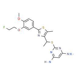 ChemSpider 2D Image | 2-[(1-{2-[3-(2-Fluoroethoxy)-4-methoxyphenyl]-5-methyl-1,3-thiazol-4-yl}ethyl)sulfanyl]-4,6-pyrimidinediamine | C19H22FN5O2S2