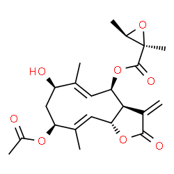 ChemSpider 2D Image | (3aS,4R,5E,7R,9S,10E,11aR)-9-Acetoxy-7-hydroxy-6,10-dimethyl-3-methylene-2-oxo-2,3,3a,4,7,8,9,11a-octahydrocyclodeca[b]furan-4-yl (2R,3R)-2,3-dimethyl-2-oxiranecarboxylate | C22H28O8