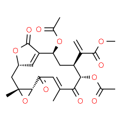ChemSpider 2D Image | Methyl 2-[(1S,3R,5R,7E,10S,11S,13S)-10,13-diacetoxy-3,8-dimethyl-6,9,15-trioxo-4,16-dioxatricyclo[12.2.1.0~3,5~]heptadeca-7,14(17)-dien-11-yl]acrylate | C25H28O11