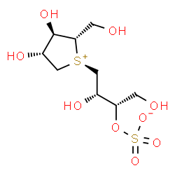 ChemSpider 2D Image | (2S,3S)-4-[(2S,3R,4R)-3,4-Dihydroxy-2-(hydroxymethyl)tetrahydro-1-thiopheniumyl]-1,3-dihydroxy-2-butanyl sulfate (non-preferred name) | C9H18O9S2