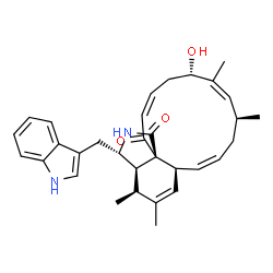ChemSpider 2D Image | (3S,3aR,4S,6aS,7Z,10S,11Z,13S,15Z,17aS)-13-Hydroxy-3-(1H-indol-3-ylmethyl)-4,5,10,12-tetramethyl-3,3a,4,6a,9,10,13,14-octahydro-1H-cyclotrideca[d]isoindole-1,17(2H)-dione | C32H38N2O3