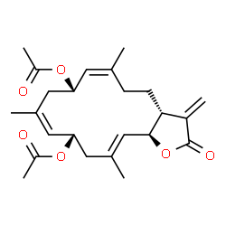 ChemSpider 2D Image | (3aR,6Z,8S,10Z,12S,14E,15aS)-6,10,14-Trimethyl-3-methylene-2-oxo-2,3,3a,4,5,8,9,12,13,15a-decahydrocyclotetradeca[b]furan-8,12-diyl diacetate | C24H32O6
