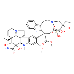 ChemSpider 2D Image | Methyl (13S,15S,17S)-13-[(2beta,3beta,4beta,5alpha,12beta,19alpha)-3-carbamoyl-3,4-dihydroxy-16-methoxy-1-methyl-6,7-didehydroaspidospermidin-15-yl]-17-ethyl-17-hydroxy-1,11-diazatetracyclo[13.3.1.0~4
,12~.0~5,10~]nonadeca-4,6,8,10-tetraene-13-carboxylate sulfate (1:1) | C43H57N5O11S