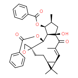 ChemSpider 2D Image | (1aR,2E,4aR,6S,7S,7aR,8R,9S,11aS)-4a-Hydroxy-1,1,3,6-tetramethyl-4-oxo-1,1a,4,4a,5,6,7,7a,8,10,11,11a-dodecahydrospiro[cyclopenta[a]cyclopropa[f][11]annulene-9,2'-oxirane]-7,8-diyl dibenzoate | C34H38O7