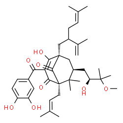 ChemSpider 2D Image | (1R,5R,7S)-3-(3,4-Dihydroxybenzoyl)-4-hydroxy-7-[(2S)-2-hydroxy-3-methoxy-3-methylbutyl]-5-(2-isopropenyl-5-methyl-4-hexen-1-yl)-8,8-dimethyl-1-(3-methyl-2-buten-1-yl)bicyclo[3.3.1]non-3-ene-2,9-dione | C39H54O8
