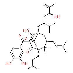 ChemSpider 2D Image | (1R,5R,7R)-3-(3,4-Dihydroxybenzoyl)-4-hydroxy-5-[(4S)-4-hydroxy-2-isopropenyl-5-methyl-5-hexen-1-yl]-8,8-dimethyl-1,7-bis(3-methyl-2-buten-1-yl)bicyclo[3.3.1]non-3-ene-2,9-dione | C38H50O7