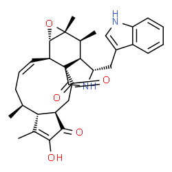 ChemSpider 2D Image | (3aR,5aR,8S,8aR,9S,9aR,10aS,10bR,11Z,14S,14aR)-2-Hydroxy-8-(1H-indol-3-ylmethyl)-1,9,9a,14-tetramethyl-3a,4,7,8,8a,9,9a,10a,10b,13,14,14a-dodecahydro-3H-cyclopenta[7,8]cyclodeca[1,2-d]oxireno[f]isoind
ole-3,5,6-trione | C32H36N2O5