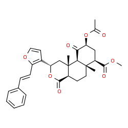 ChemSpider 2D Image | Methyl (2S,4aR,6aR,7R,9S,10aS,10bR)-9-acetoxy-6a,10b-dimethyl-4,10-dioxo-2-{2-[(E)-2-phenylvinyl]-3-furyl}dodecahydro-2H-benzo[f]isochromene-7-carboxylate | C31H34O8
