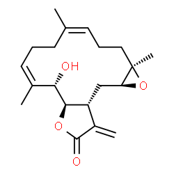 ChemSpider 2D Image | (1aR,4Z,8Z,10S,10aR,13aR,14aS)-10-Hydroxy-1a,5,9-trimethyl-13-methylene-2,3,6,7,10,10a,13,13a,14,14a-decahydrooxireno[4,5]cyclotetradeca[1,2-b]furan-12(1aH)-one | C20H28O4